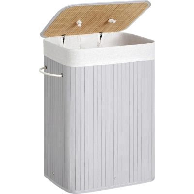 Szennyestartó fedéllel, 72 l, bambusz szennyeskosár, szürke