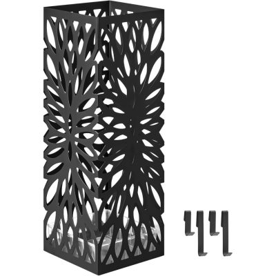 Esernyőtartó, szabadon álló esernyőtároló állvány, levehető csepegtetőtálcával, 4 akasztóval, fekete