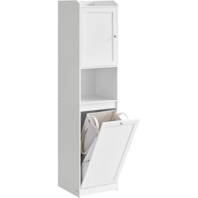 Magas fürdőszobai szekrény szennyeskosárral, tárolóegységgel, felhőfehér