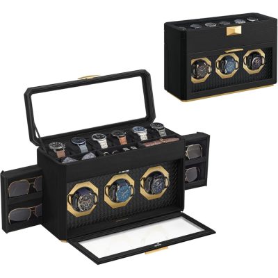 Óradoboz, függőleges óravitrin üvegablakkal, állítható óratartók, fekete