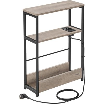 Keskeny oldal asztal töltő funkcióval 3 polcos, 18 x 45 x 58 cm greige szürke fekete lábakkal