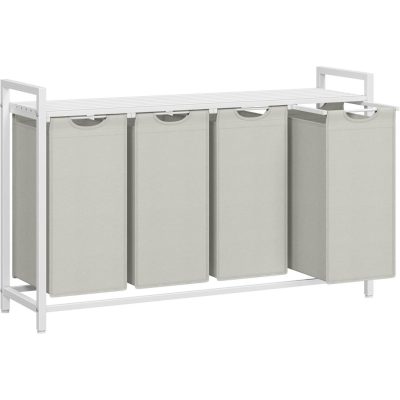 VASAGLE 4 rekeszes szennyeskosár 4 × 40 L, 116 × 33 × 72 cm, krémfehér és matt fehér