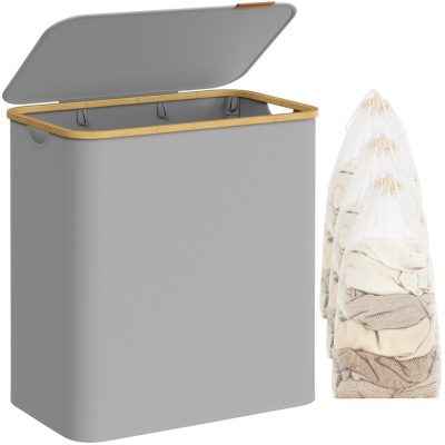 Fedeles, 3 rekeszes mosókosár, 150L, levehető bélés, összecsukható, galambszürke