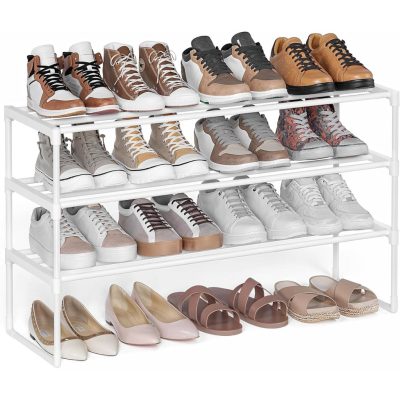 3 szintes cipőtartó, fém cipőpolc, 16–20 pár cipőhöz, 30 x 92 x 55 cm, fehér