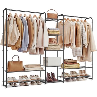 Ruhatartó állvány rúddal és polcokkal, fém kabáttartó, matt fekete