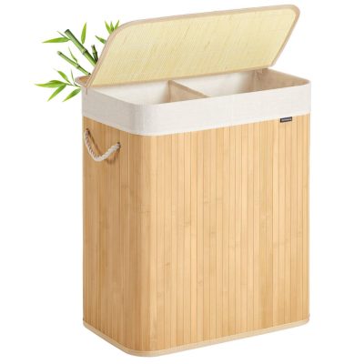 Fedeles bambusz mosókosár, 100 L, 2 rekeszes, hajtogatható bélészsákkal