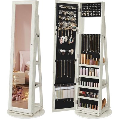 360°-ban forgatható ékszerszekrény, teljes alakos tükörrel, zárható ékszertároló, fehér