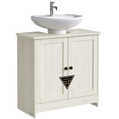 Rusztikus fehér mosdó alatti szekrény állítható polccal, szerszám nélkül