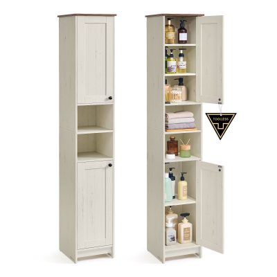 Keskeny fürdőszobai tárolószekrény állítható polcokkal, rusztikus fehér