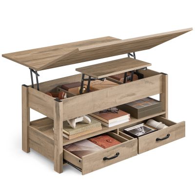 Emelhető tetejű dohányzóasztal, gázliftes, 2 fiókkal, teveszínű