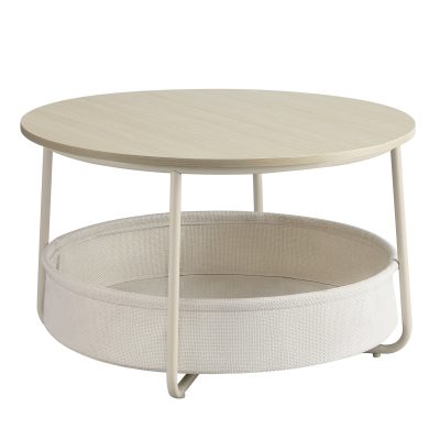Kerek kávézóasztal tárolóval, modern fém keret, bézs és krémszínű