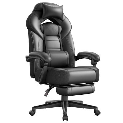 Játékos szék lábtartóval, ergonomikus kialakítással, fekete színben