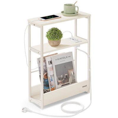 Keskeny oldalsó asztal éjjeli szekrény töltőfunkcióval, krémfehér színben