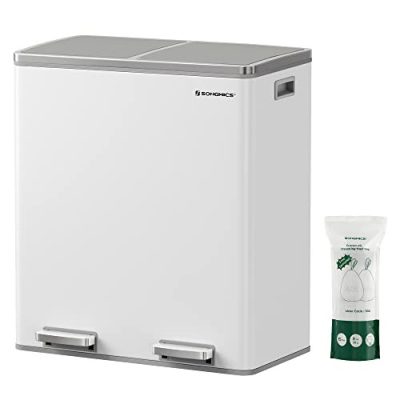 SONGMICS dupla szemetes, fém szelektív hulladékgyűjtő 15 szemeteszsákkal, 2 × 30 L, fehér–szürke