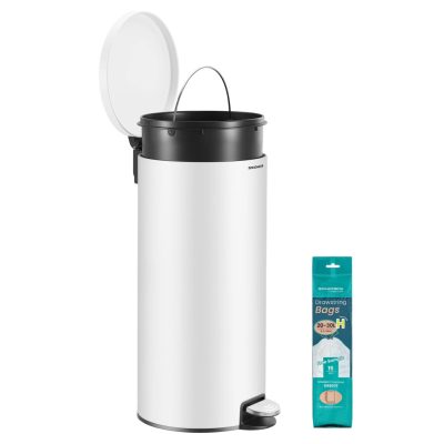 Fém kerek konyhai szemetes, 30 L, pedálos, műanyag belső vödörrel, fehér