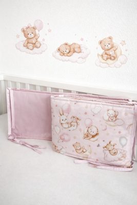 Bébi állatok rózsa-rózsaszín kétoldalas fejvédő rácsvédő – pamut kiságyvédő