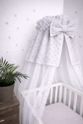 Baba baldachin függöny szürke minky betéttel 180x130 cm – puha kiságy baldachin