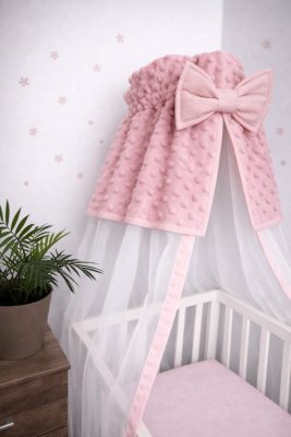 Baba baldachin függöny púder minky betéttel 180x130 cm – puha kiságy baldachin