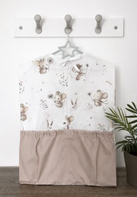 Pitypangos Egérke ovis zsák cappuccino zsebekkel – pamut óvodai ruhazsák