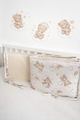 Álomfelhő Maci kétoldalas fejvédő rácsvédő – bézs pamut kiságyvédő