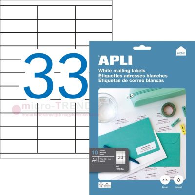 APLI No. 12924 fehér színű 70 x 25,4 mm méretű, univerzálisan nyomtatható, öntapadós etikett címke, permanens ragasztóval A4-es íven - kiszerelés: 330 címke / 10 ív (LCA12924)