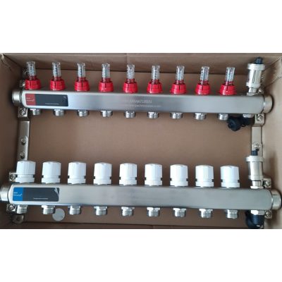 Osztó-gyűjtő 9 fűtési körrel, áramlásmérővel, rozsdamentes acél házzal, légtelenítővel, töltő-ürítővel, 1"-3/4" BRH