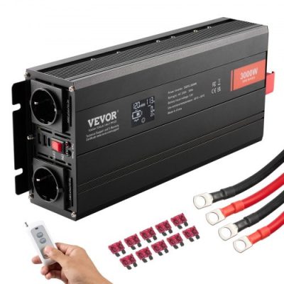 12V 230V 3000W tiszta szinuszos inverter LCD kijelzővel, USB és Type-C csatlakozóval távirányítóval közepes méretű háztartási gépekhez