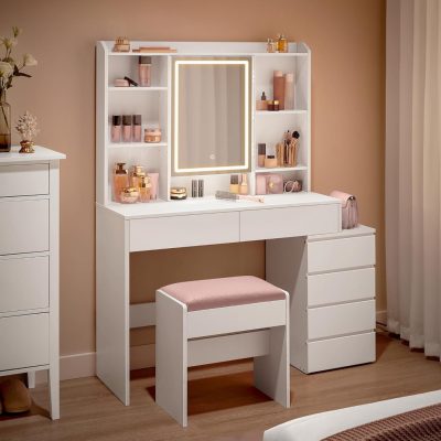 Sminkasztal led-világítással, székkel, felhőfehér színben