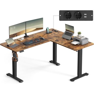 Elektromos L-alakú íróasztal, 140 x 160 cm, beépített töltőállomással rusztikus barna és fekete