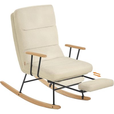 Hintaszék fa lábakkal, plüss szövettel, 4 fokozatban állítható háttámlával, krémfehér