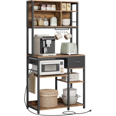 Konyhai polc konnektorokkal, állópolc, 40 × 80 × 180,4 cm, vintage barna–fekete színben