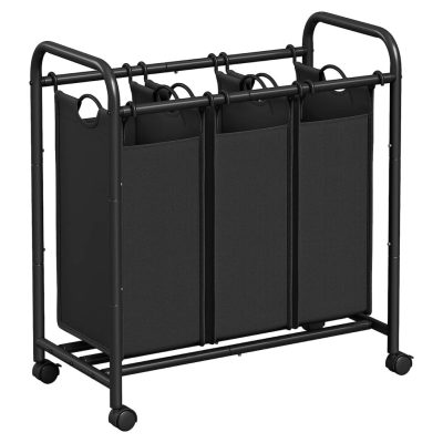 Szennyeskosár 3 kivehető zacskóval, guruló szennyesválogató, fekete