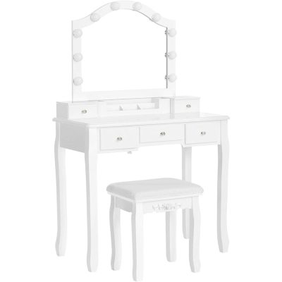 Fésülködőasztal szett, párnázott üléssel, világítással, fehér