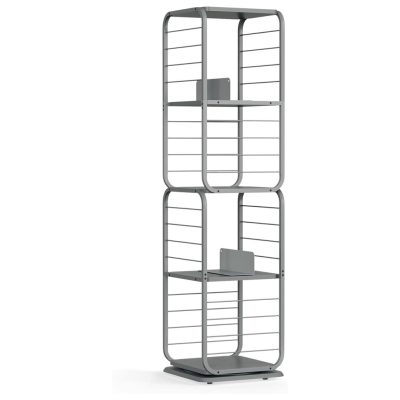 Sarokpolc, forgatható 4 szintes könyvespolc könyvtartókkal, 43 x 43 x 158 cm, szürke