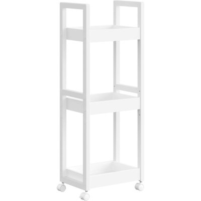 Kis polcos tároló kerekeken, 3 szintes tárolódoboz, bambusz, helytakarékos, 20 x 30 x 80 cm, fehér