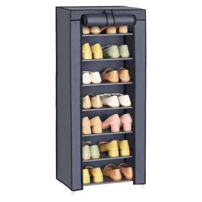 7 polcos cipőtartó, fémvázas cipősszekrény, szürke