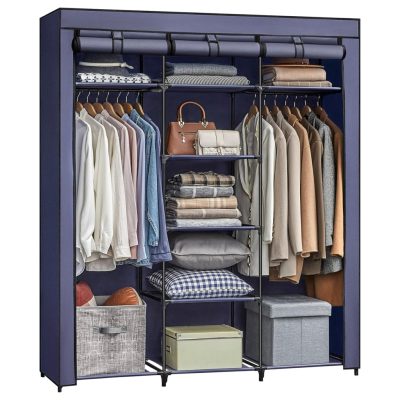 Összecsukható ruhatartó, szövet szekrény akasztóval, sötétkék