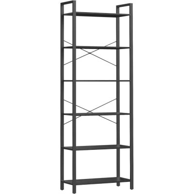 6 szintes magas könyvespolc, szabadon álló polc, acélkeret, fekete