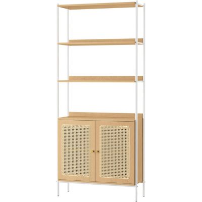 6 szintes könyvespolc, magas állópolc rattanszerű ajtókkal, boho stílus, tölgy bézs és fehér