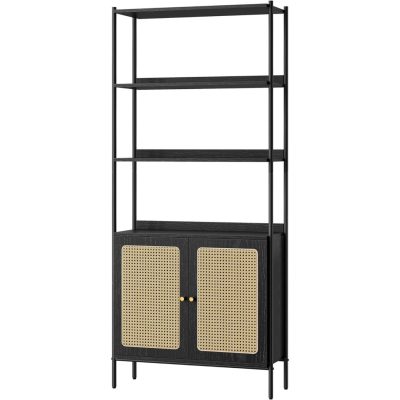 6 szintes könyvespolc, magas állópolc rattanszerű ajtókkal, boho stílus, fekete
