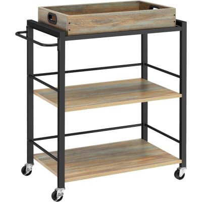 Konyhai kiszolgáló kocsi kivehető tálcával, 3 szintes zsúrkocsi, türkizbarna és fekete