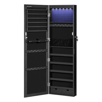 Fali ékszerszekrény, tükrös szekrény 6 led izzóval, fekete