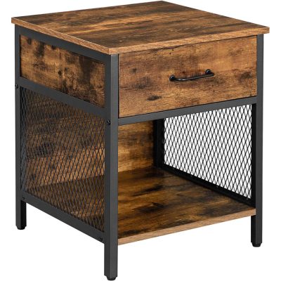 Kisasztal, éjjeliszekrény 1 fiókkal és 1 nyitott tárolóval, rusztikus barna és fekete
