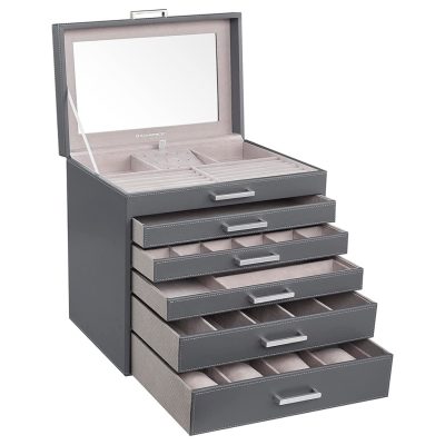 6 szintes nagy ékszerdoboz fiókokkal és tükörrel