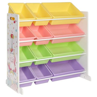 Játéktároló egység, gyermekjáték rendszerező állvány 12 kivehető pp műanyag dobozzal