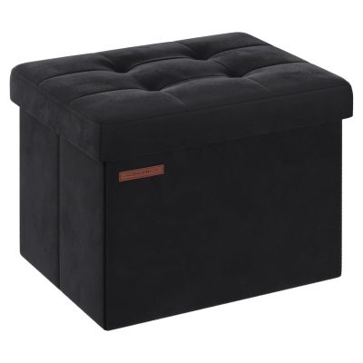 Tároló puff, összecsukható bársony tárolódoboz, fekete, 31x41x31 cm