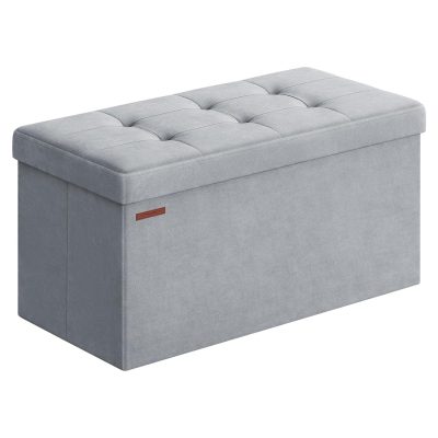 Tárolópad, bársony puff tetővel, 2 dobozzal, világosszürke, 38 x 76 x 38 cm