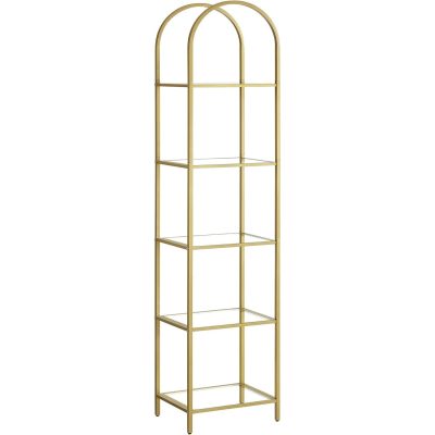 Könyvespolc, 5 szintes íves üveg tároló polc, arany színű