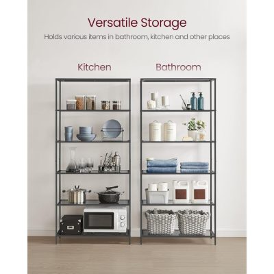 Könyvespolc, 6 szintes üvegpolc fém kerettel, fekete és szürke színű