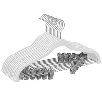 Nadrágakasztó, 12 darabos bársony akasztó készlet állítható kapcsokkal, fehér